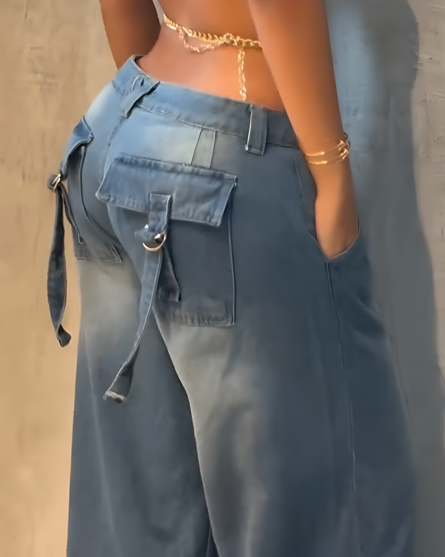 Fashionable Slim Cargo Style Wide-Leg Denim Jeans（Pre-Sale)