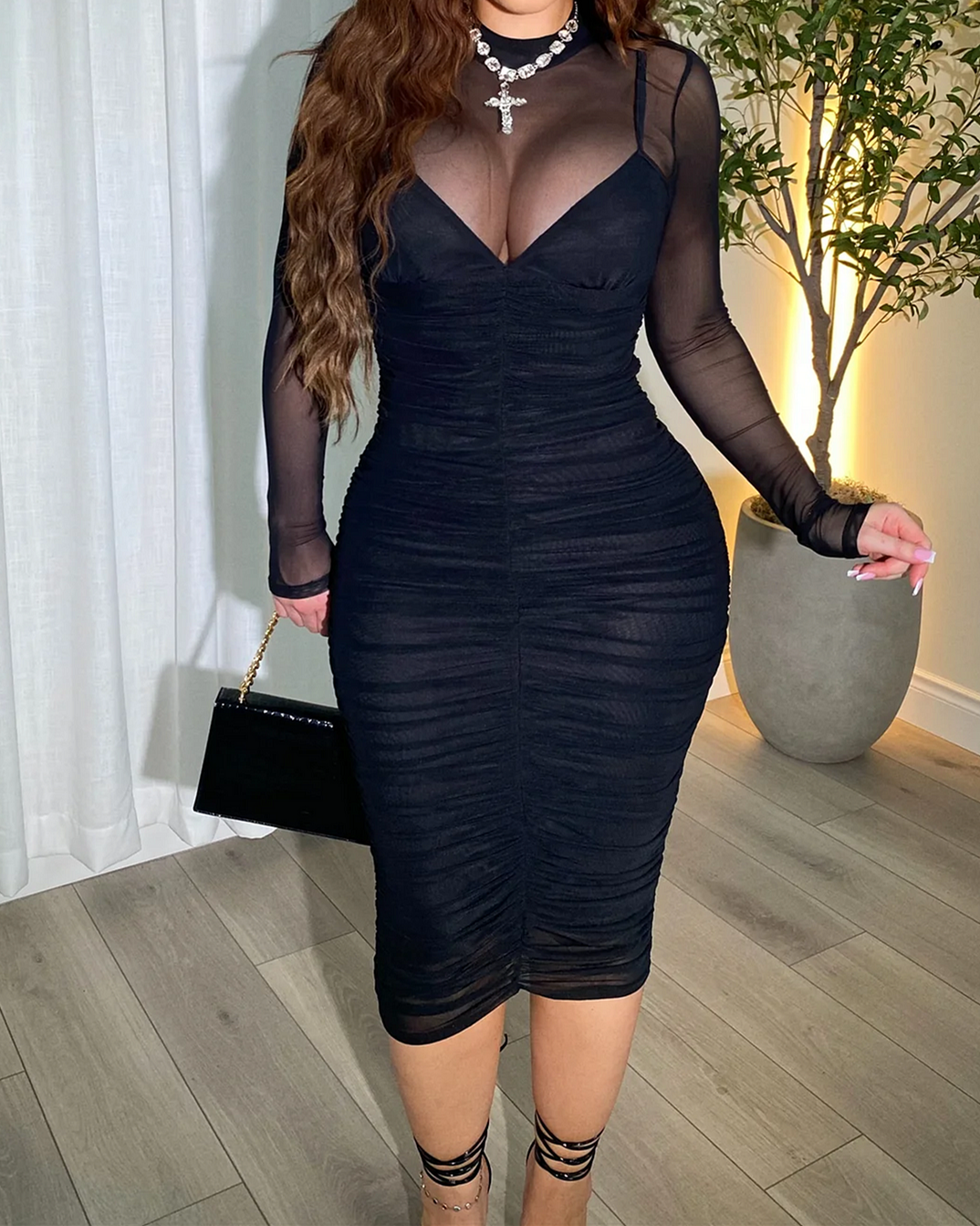 Mesh Splicing Breathable Long Sleeved Tight Dress（Pre-Sale）