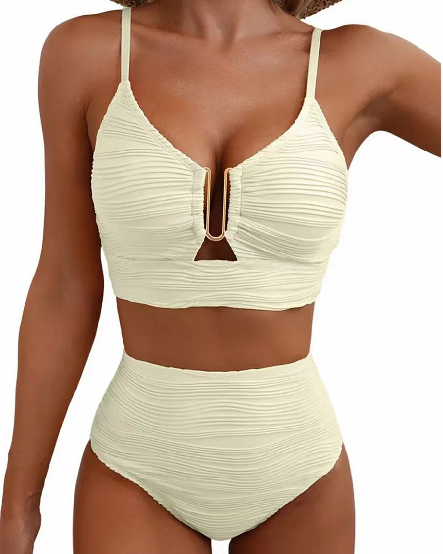 Two-Piece Bikini Set U-Shaped Underwire Hollow High Waist Textured Swimsuit