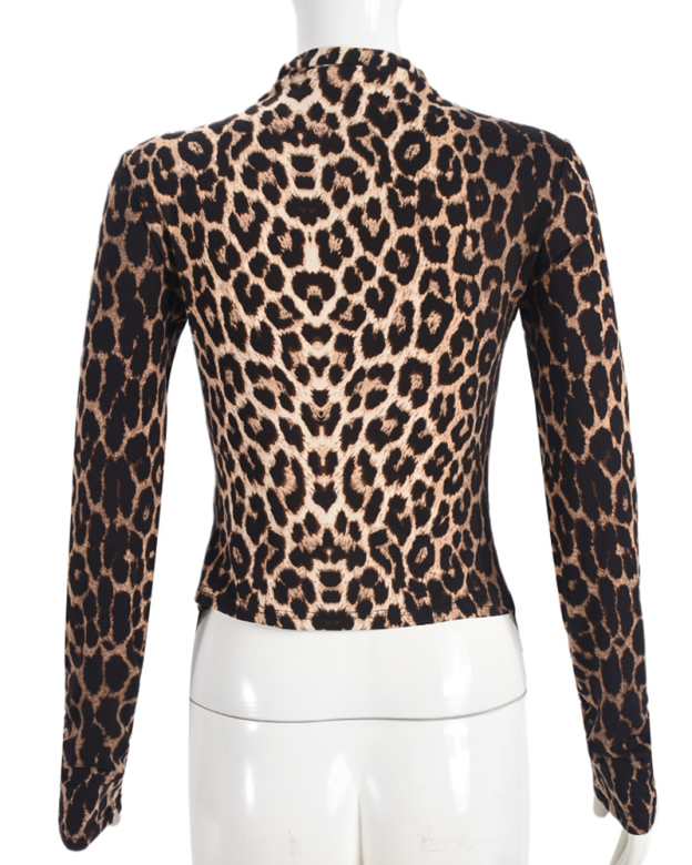 Hot Girl Leopard Print Women's Clothing Drawstring Navel-Exposed Tight Long Sleeve Tops T-shirt Wome
