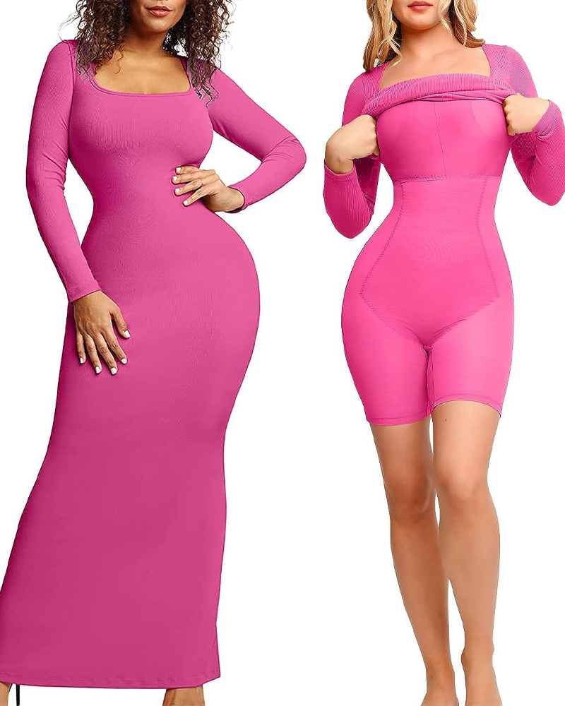 Square Neck Long Sleeve Tummy Control Built-In Body Shaping Dress-Curvy-Faja