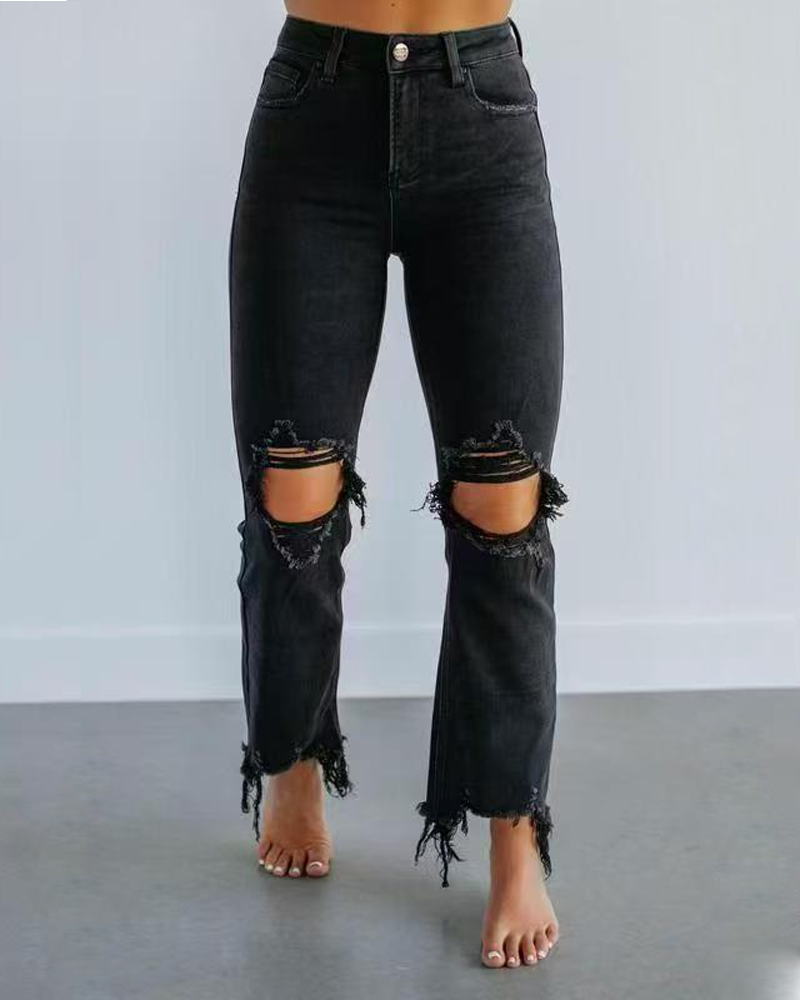 Straight-Leg Casual Ripped Jeans