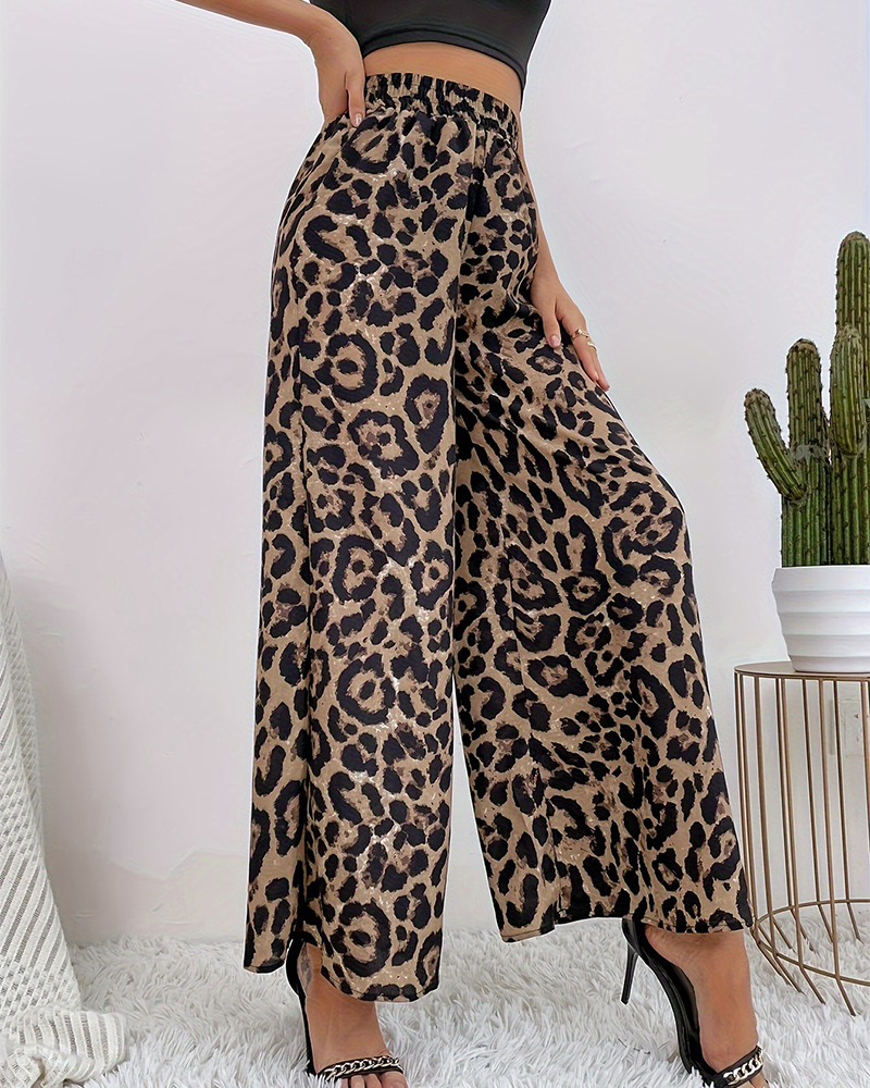 Leopard Print Casual Wide-Leg Trousers-Curvy-Faja