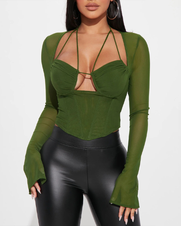 Mesh Patchwork Versatile Fishbone Halter Neck Tie-Waist Cropped Top