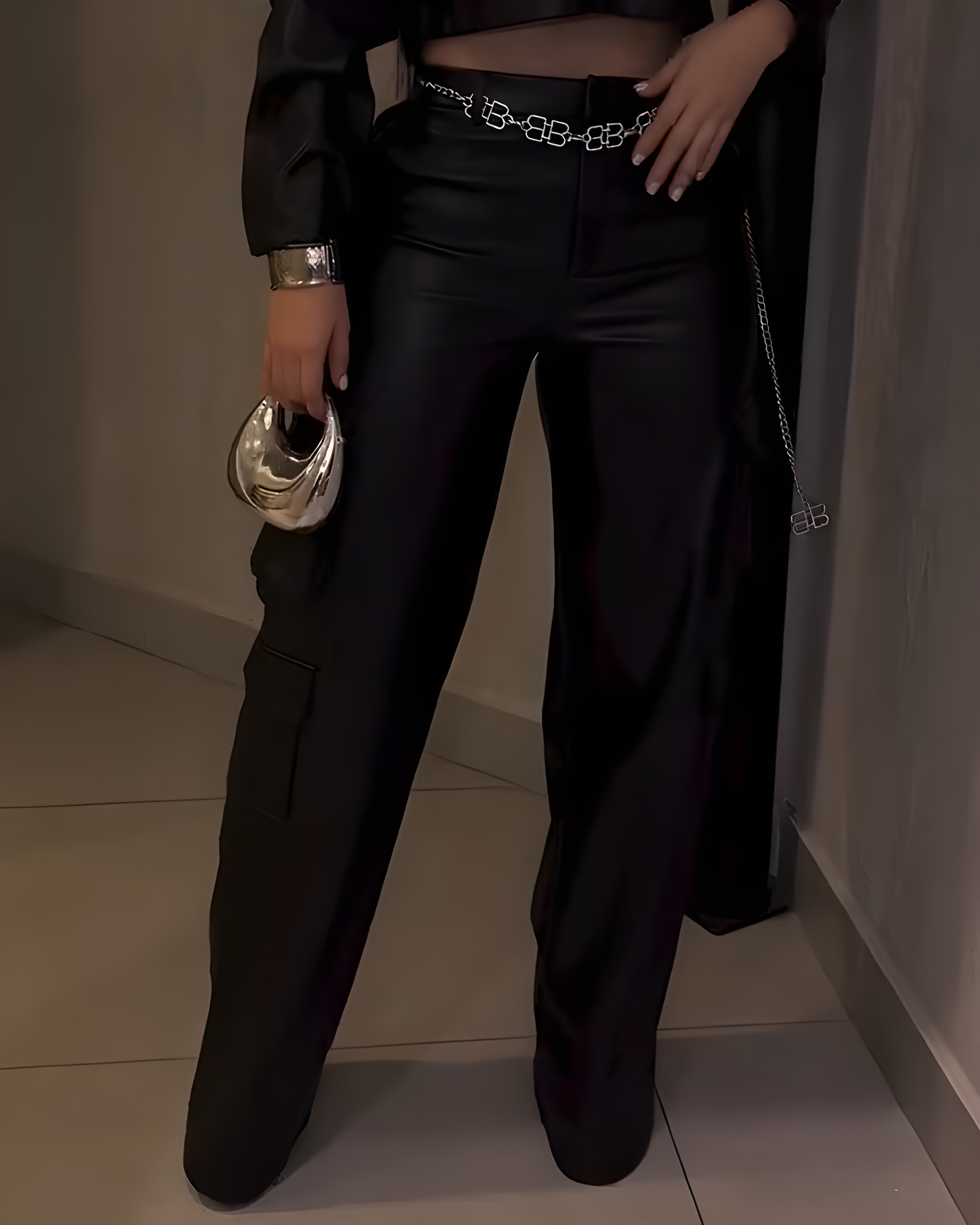 Women's Cargo Style Wide-Leg Leather Pants（Pre-Sale)