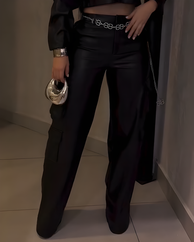 Women's Cargo Style Wide-Leg Leather Pants（Pre-Sale)
