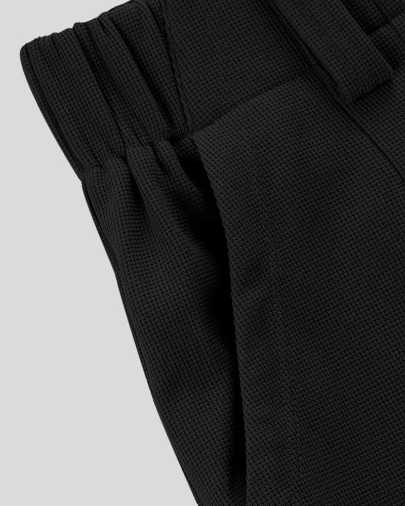 High Waisted Plicated Side Pocket Wide Leg Waffle Work Pants