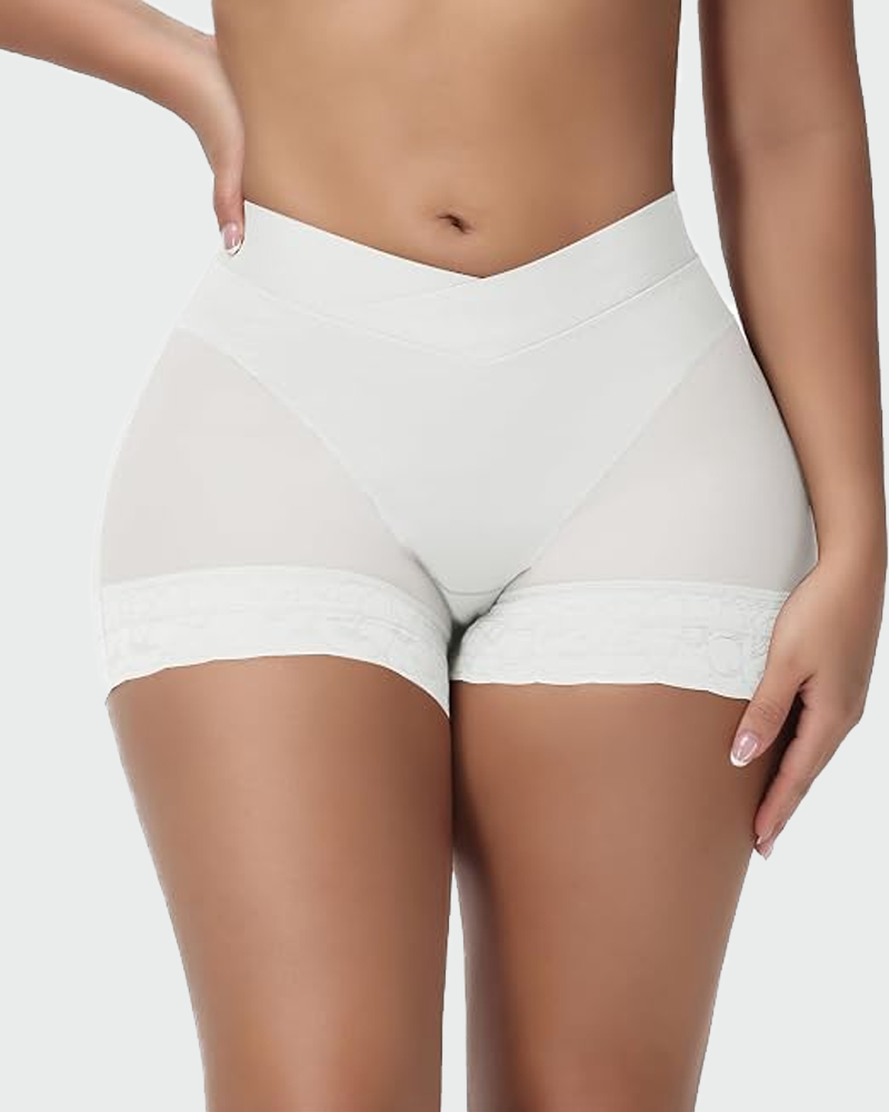 High Waisted Cross V Shapewear Shorts With Lace Trim Anti Roll Butt Lifter Design