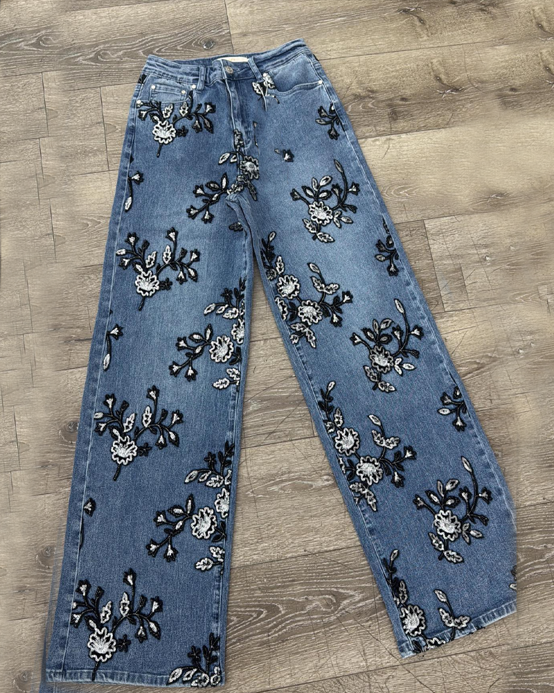 Retro Blue Denim Wide Leg Pants With Floral Embroidery (Pre-Sale)