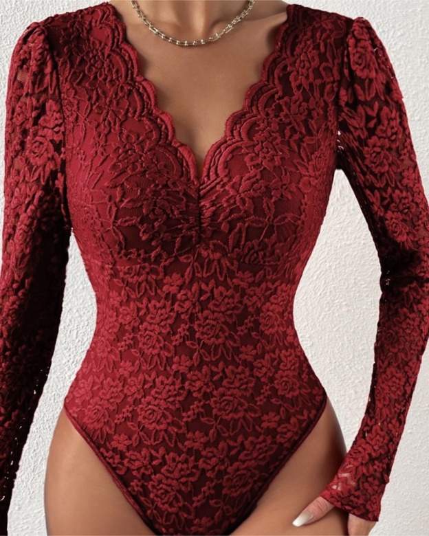 Floral Lace Sheer Long Sleeve Bodysuit V Neck Slim Fit Thong Body Shaper