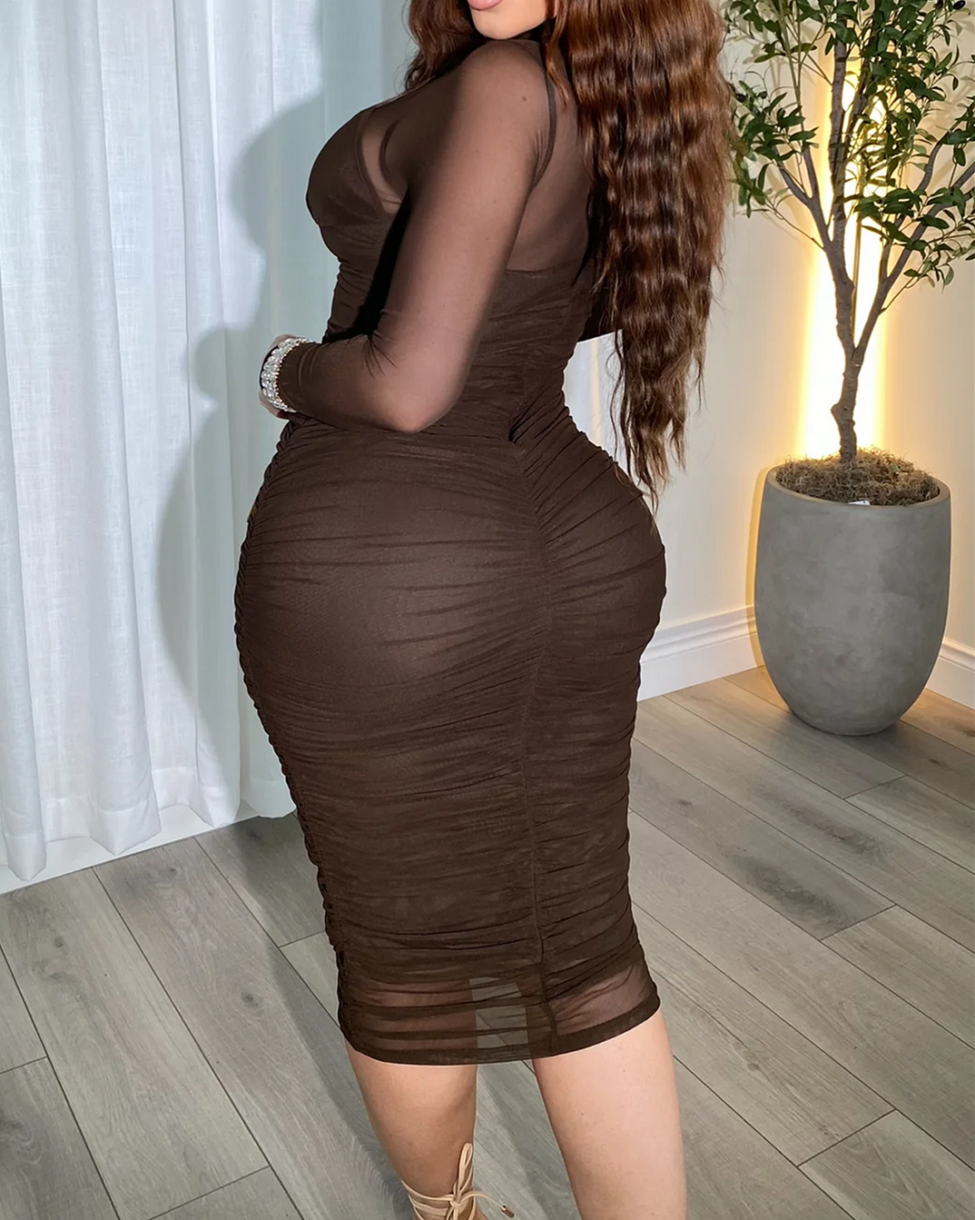 Mesh Splicing Breathable Long Sleeved Tight Dress（Pre-Sale）