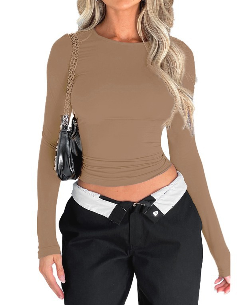 Solid Color Slim Fit Pullover Bottoming Shirt-Curvy-Faja