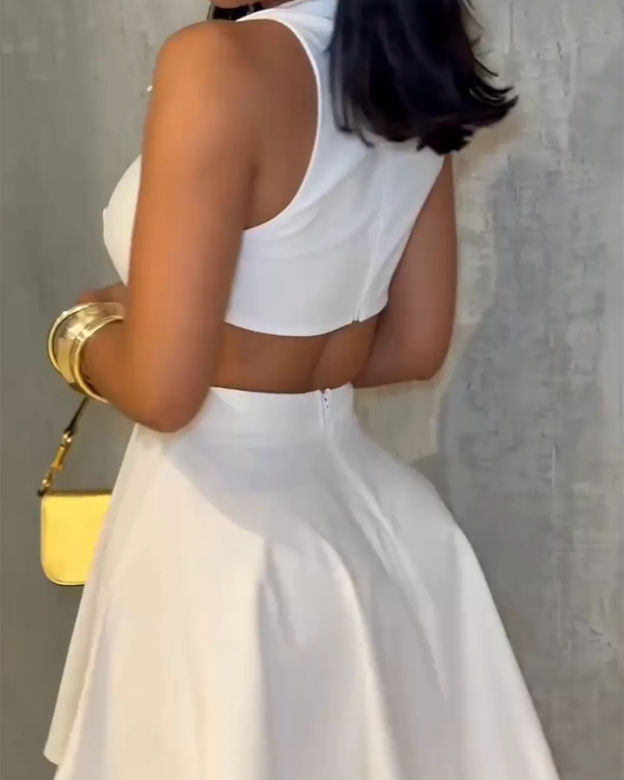 Ladies V-neck Metal Button Sleeveless Dress-Curvy-Faja