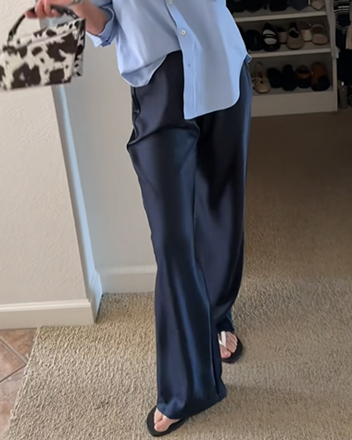 High-Waisted Pearlescent Satin Straight-Leg Wide-Leg Pants