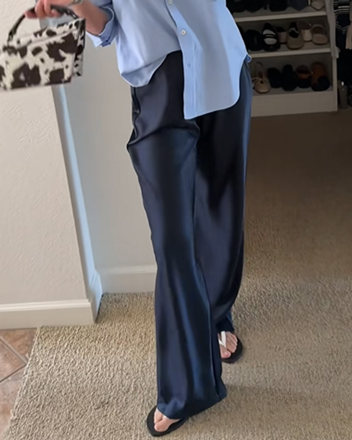 High-Waisted Pearlescent Satin Straight-Leg Wide-Leg Pants