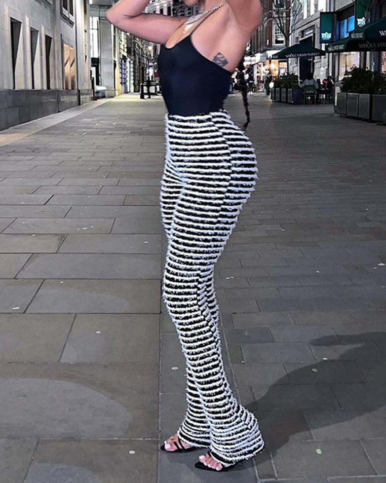 Sexy High-Waisted Striped Knit Patchwork Long Trousers