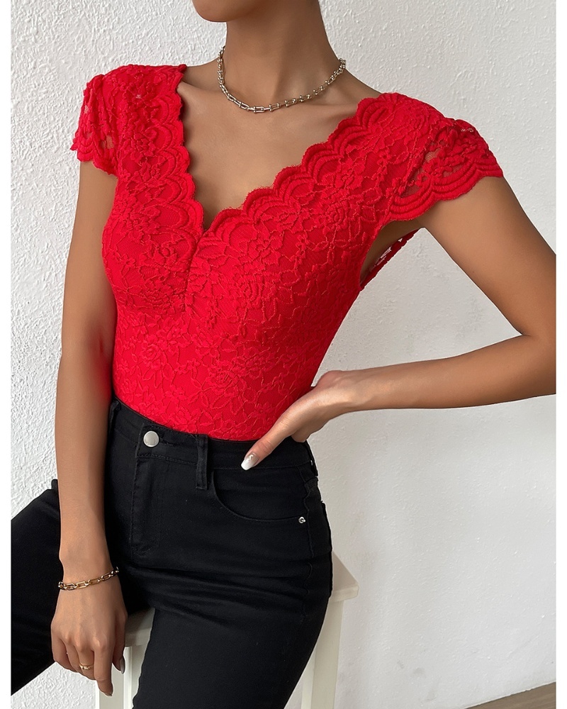 Sexy Deep V Neck Lace Short Sleeve One Piece Bodysuit-Curvy-Faja