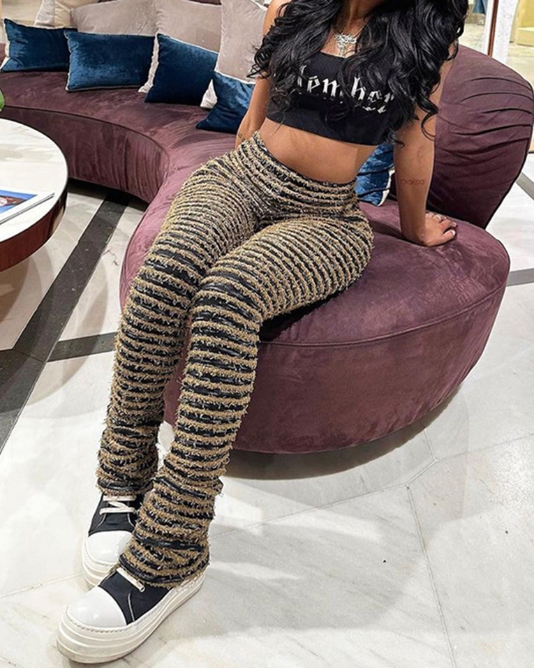 Sexy High-Waisted Striped Knit Patchwork Long Trousers