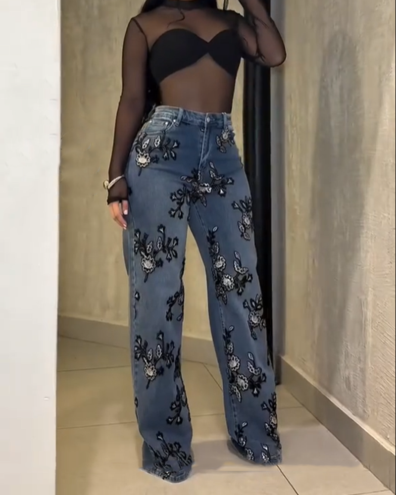 Retro Blue Denim Wide Leg Pants With Floral Embroidery (Pre-Sale)