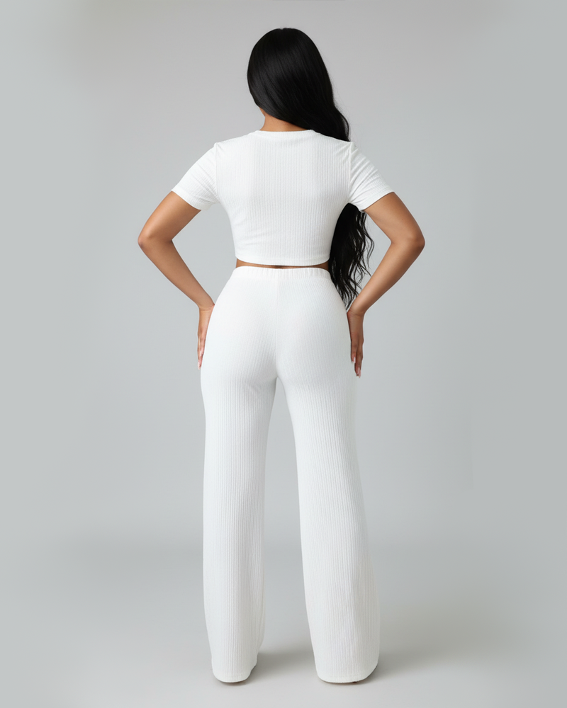 Stretchy Solid Color Short Sleeve Top & High Waist Wide Leg Pants Set