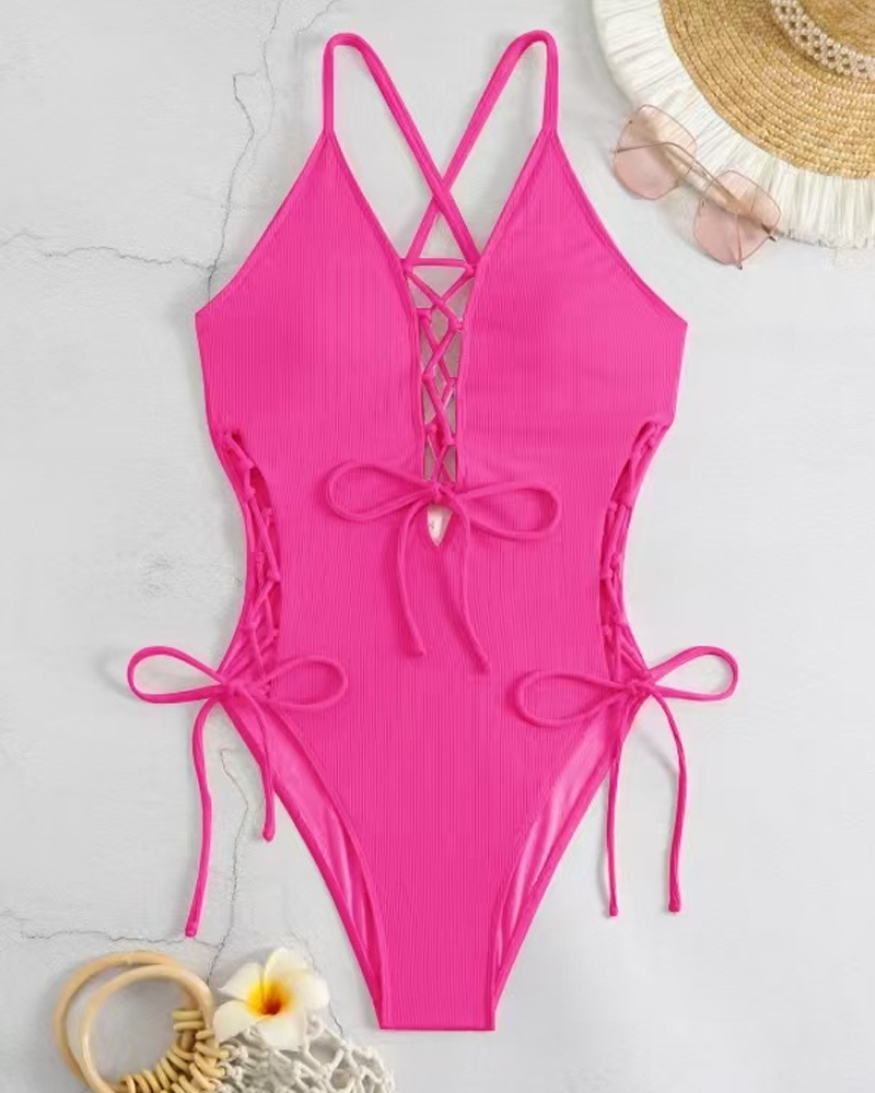 Ribbed Lace-Up Open Back Tummy Control Shaping One-Piece Swimsuit