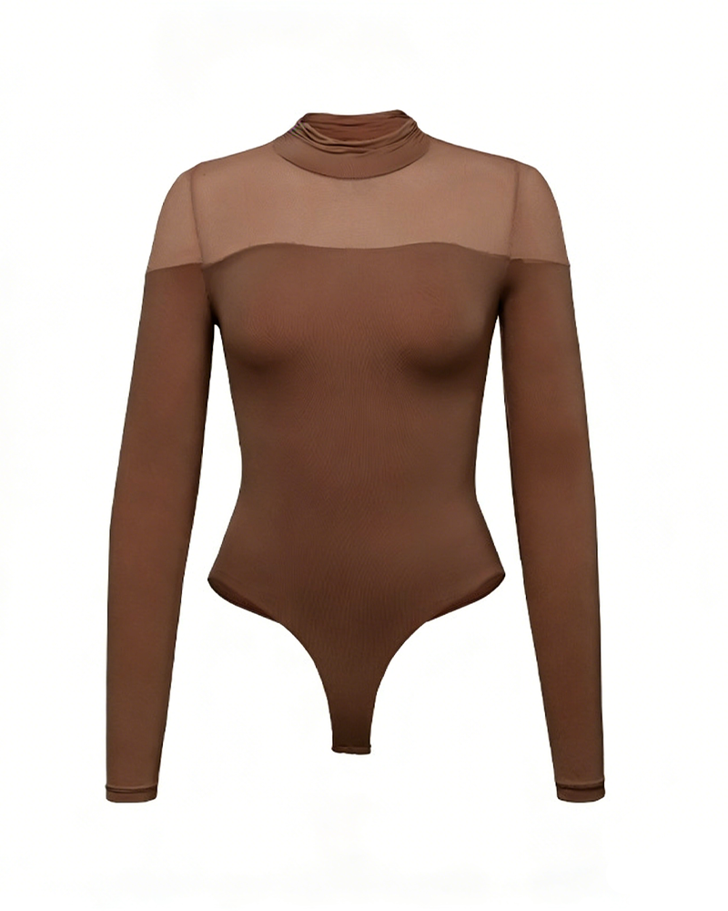 Seamless High-Neck Base Layer Mesh Splicing Long-Sleeved Slim-Fit High-Elastic Bodysuit