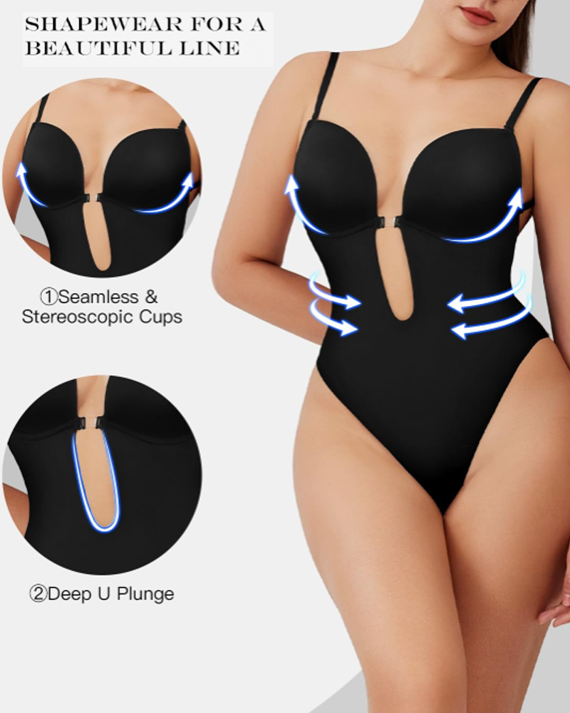 Deep V Backless Bodysuit With Bust Support Shaping And Invisible Shoulder Straps