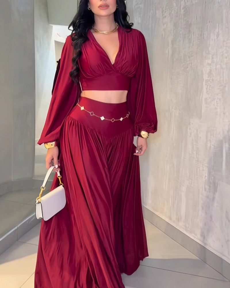 Two Piece Set Cropped Top With Pleats And Wide Leg Pants