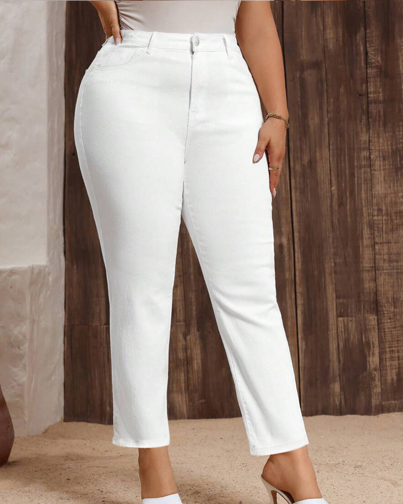 Plus-Size White Straight-Leg Jeans Cigarette Pants