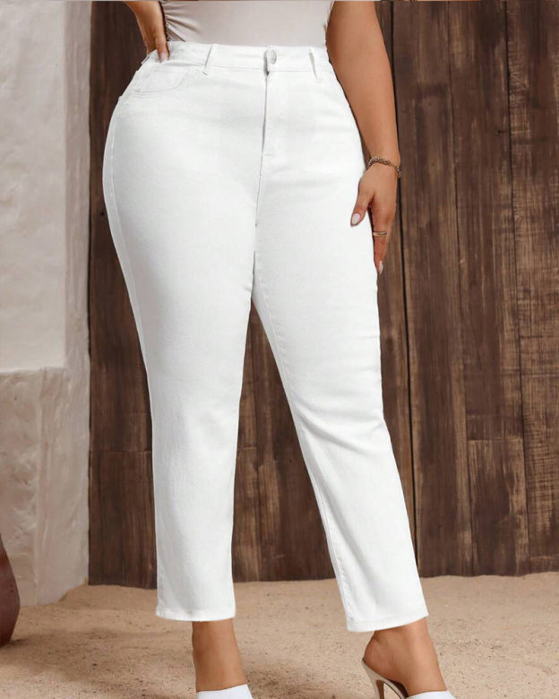 Plus-Size White Straight-Leg Jeans Cigarette Pants