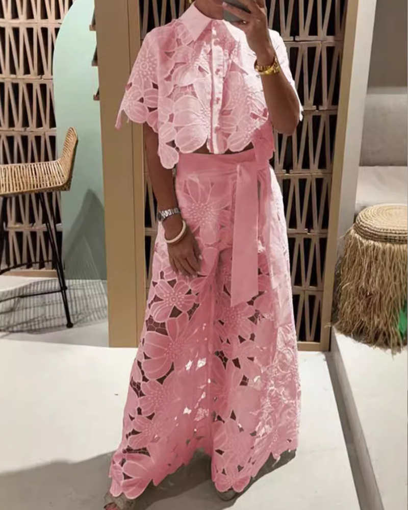 Hollow Out Cardigan Top And Wide Leg Pants Two Piece Set