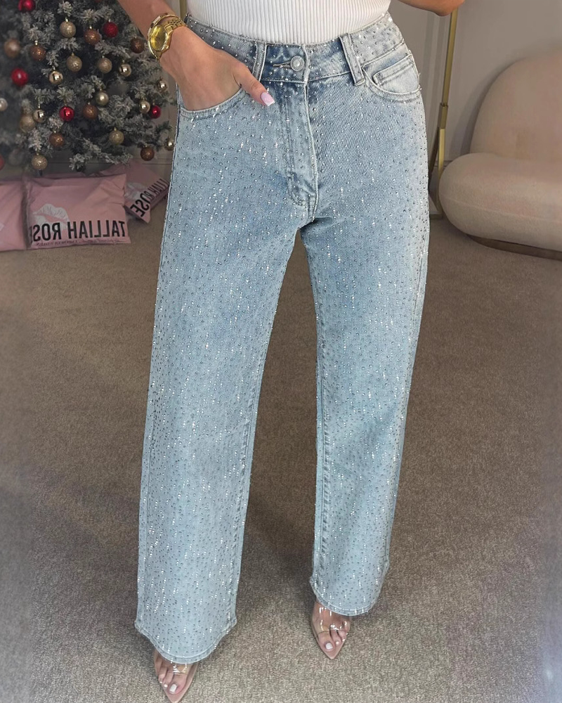Fully Rhinestone High Waisted Straight Leg Washed Jeans