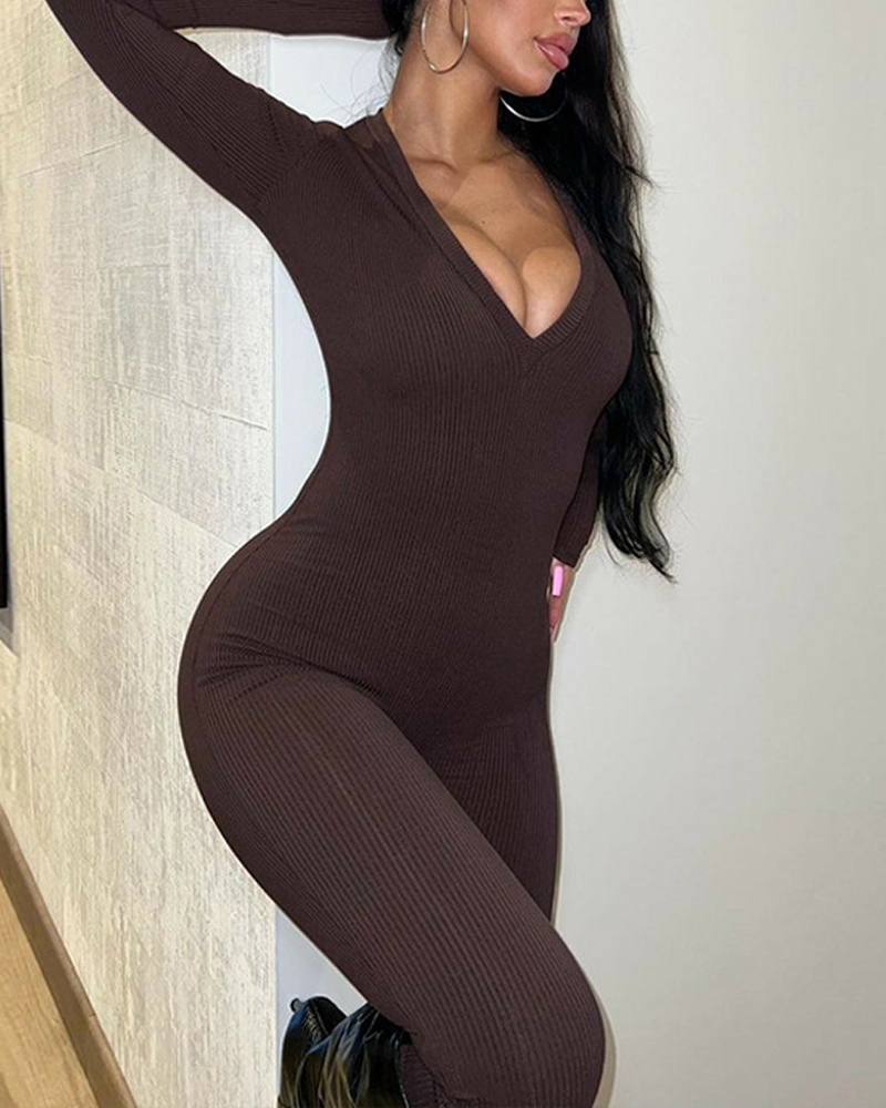 V-Neck Ribbed Casual Comfortable Long-Sleeved Slim-Fit Jumpsuit