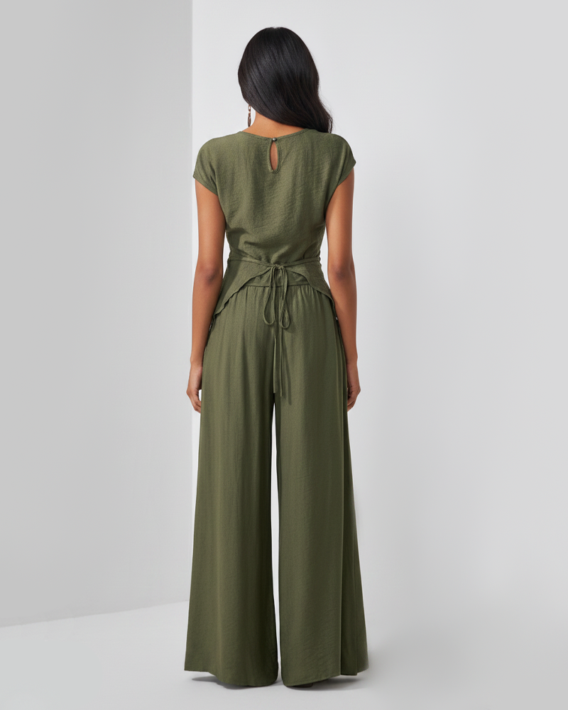 French Style Surplice Cut‑Out Top & Loose Wide‑Leg Pants Two‑Piece Set