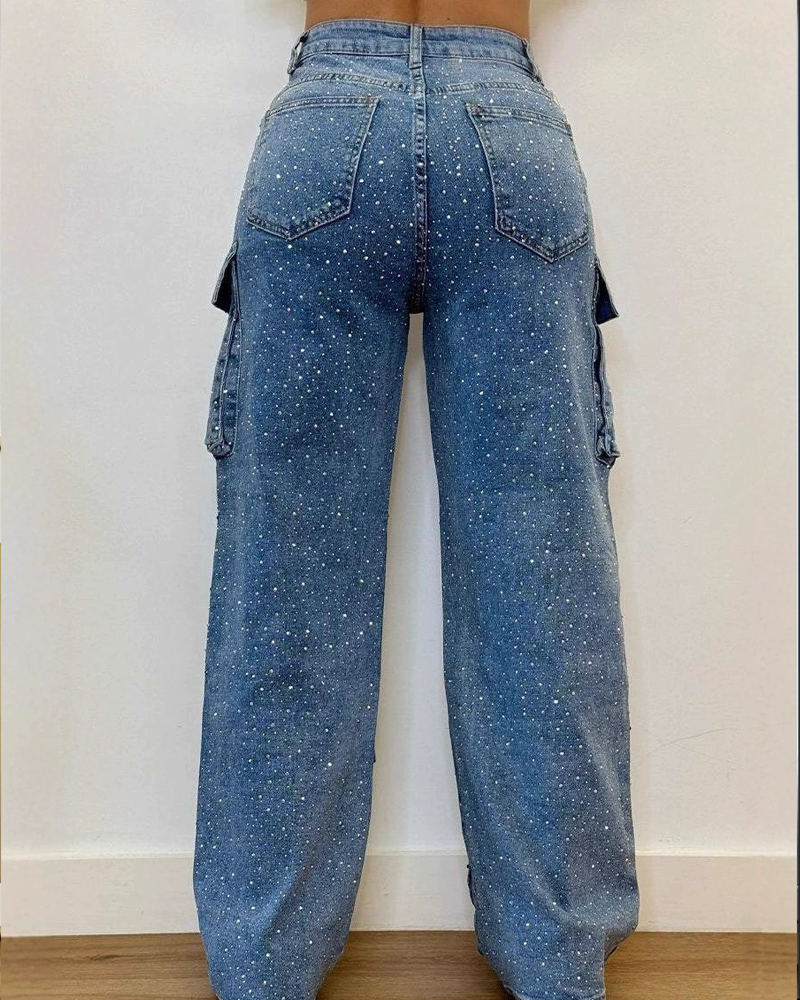 Street Style Casual Jeans With Rhinestone Studded Pockets