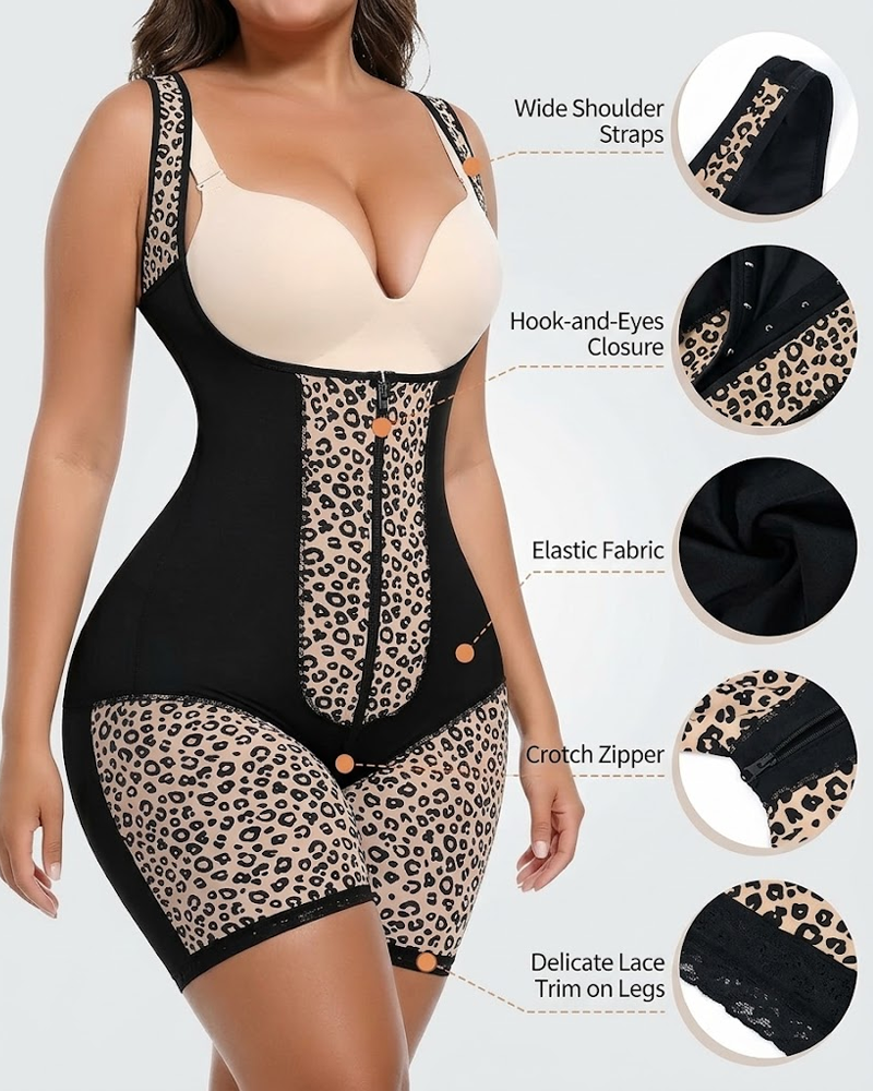 Leopard Print Front Zipper Tummy Control Butt Lifting Shapewear Bodysuit（Pre-Sale）