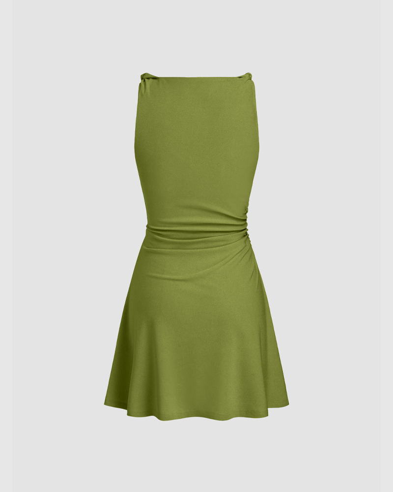Boat Neck Twist Ruched Mini Dress (Pre-Sale)