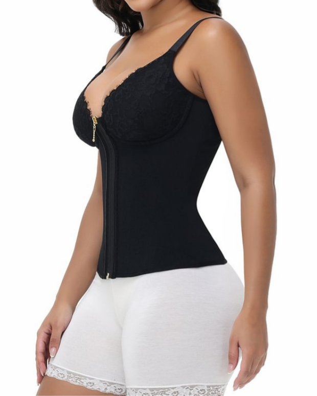 Deep V Lace Corset Top Trimmed Waist Trainer with Front Zipper
