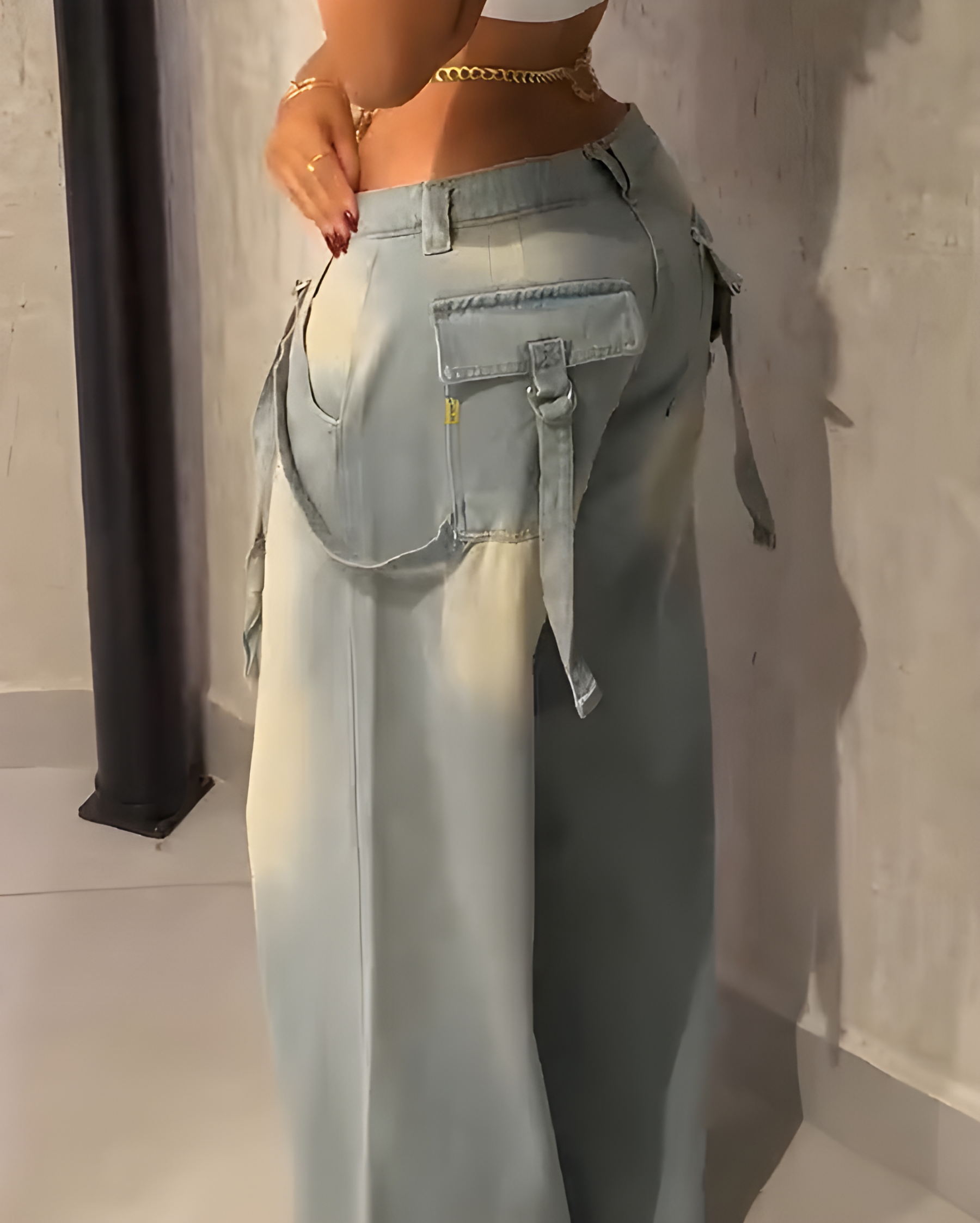 Fashionable Slim Cargo Style Wide-Leg Denim Jeans（Pre-Sale)