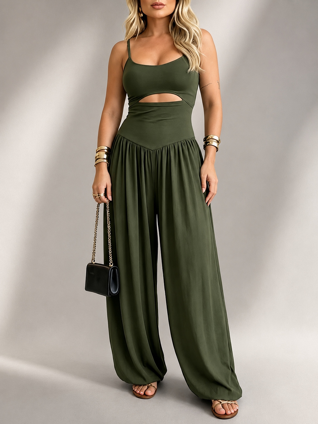 Waist Cutout Tie-Back Flowy Wide Leg Jumpsuit
