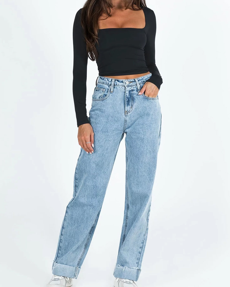 Long Sleeve Square Neck T-Shirt Top-Curvy-Faja