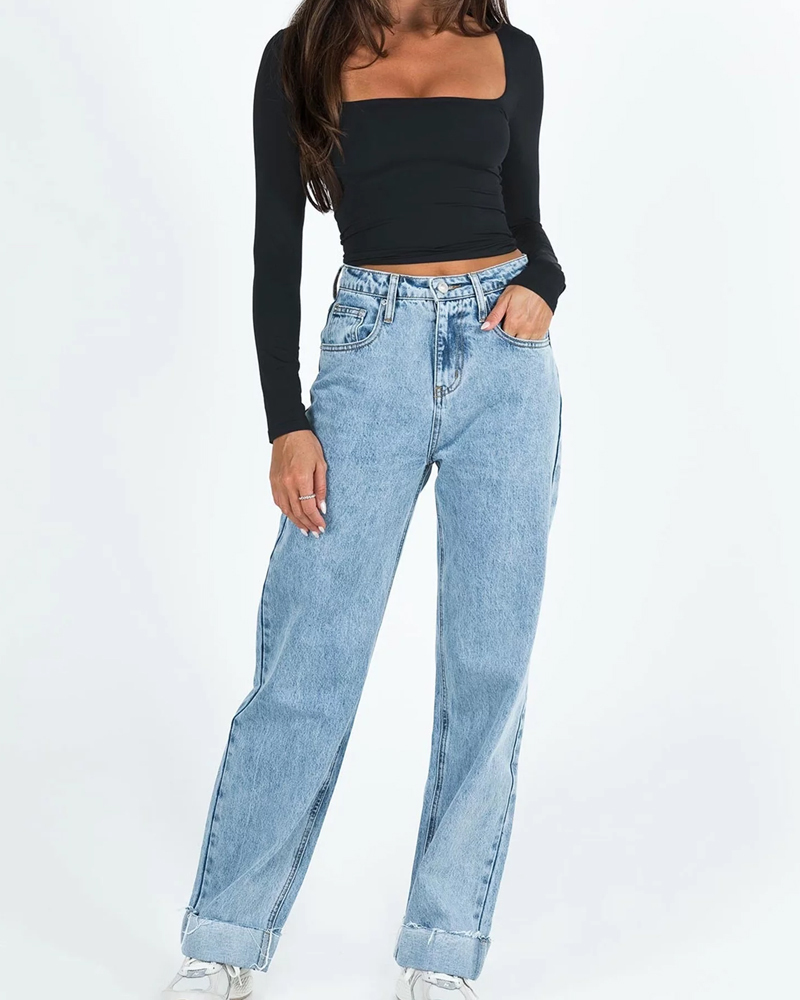 Long Sleeve Square Neck T-Shirt Top-Curvy-Faja