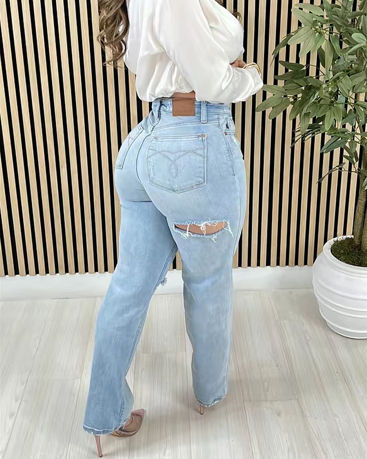 High Waisted Tummy Control Ripped Flared Jeans（Pre-Sale）