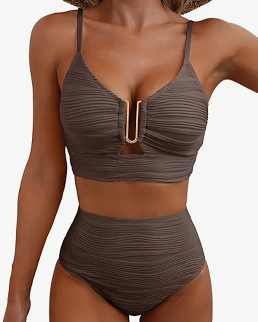 Two-Piece Bikini Set U-Shaped Underwire Hollow High Waist Textured Swimsuit