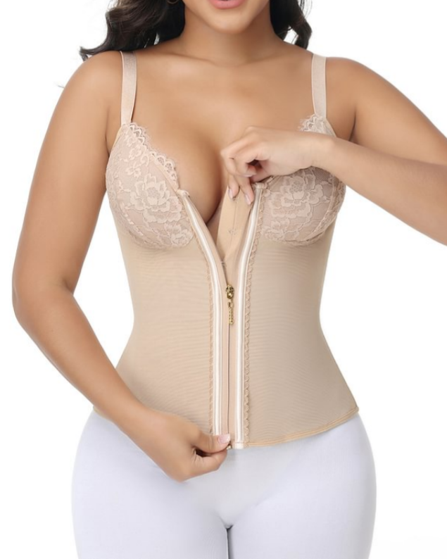 Deep V Lace Corset Top Trimmed Waist Trainer with Front Zipper