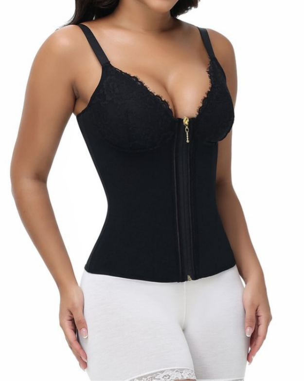 Deep V Lace Corset Top Trimmed Waist Trainer with Front Zipper