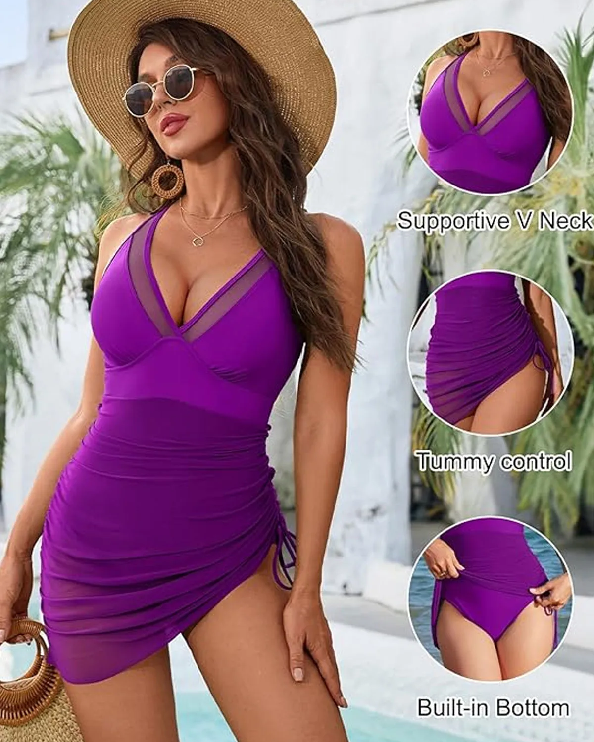 Tummy Control Mesh Sheer Sarong Wraps Women One Piece Swim Dress-Curvy-Faja