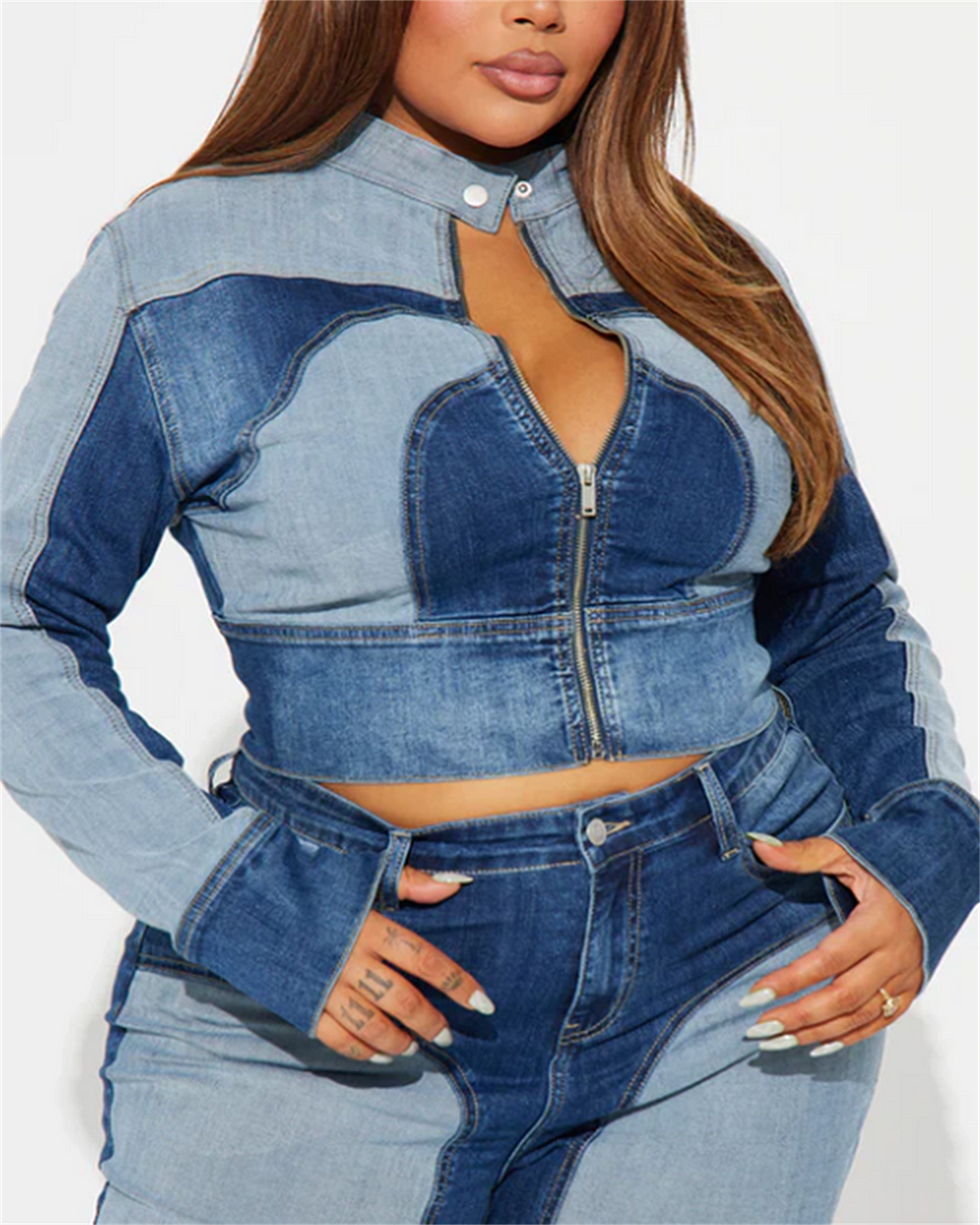 Patchwork Denim Jacket-Curvy-Faja