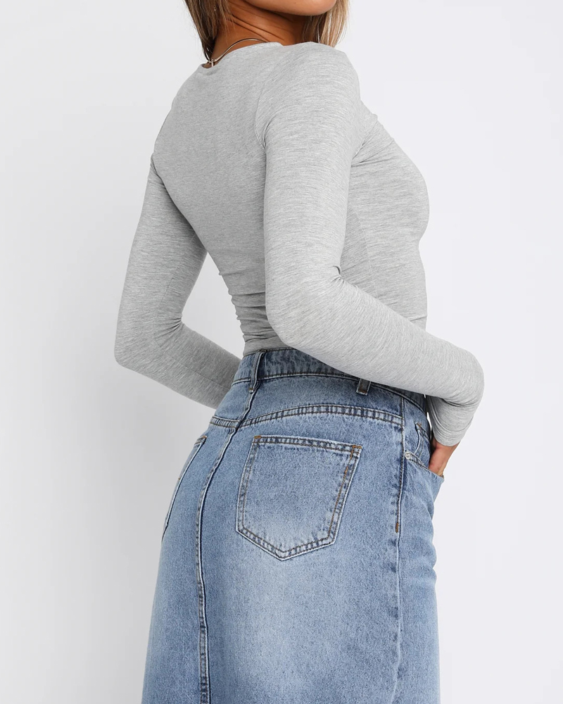 Solid Color Slim Fit Pullover Bottoming Shirt-Curvy-Faja