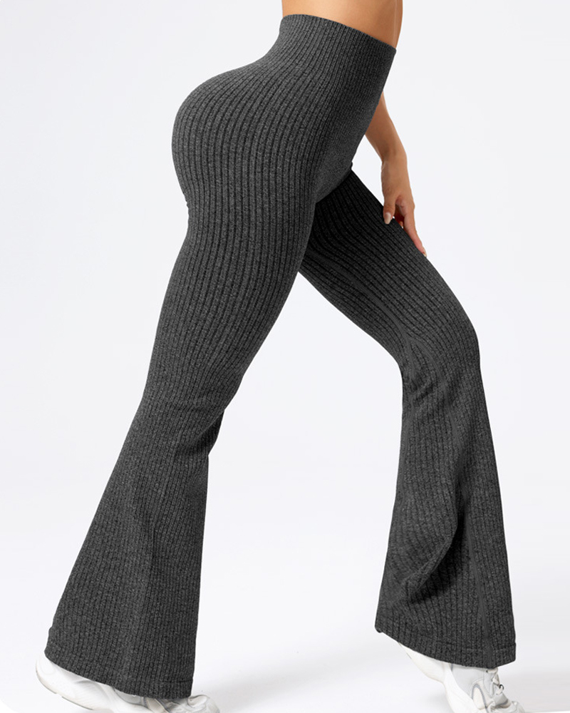 High Waist Ribbed Flared Yoga Pants-Curvy-Faja